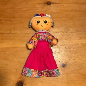 Hand Crafted Bright Pink Folk Floral Cloth Doll with Embroidered Trim